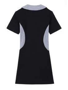 Contrast Collar Lace Up Front Bodycon Dress - Black - View 2