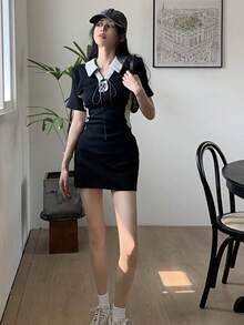 Contrast Collar Lace Up Front Bodycon Dress - Black - View 3