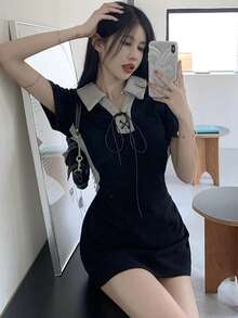 Contrast Collar Lace Up Front Bodycon Dress - Black - View 4