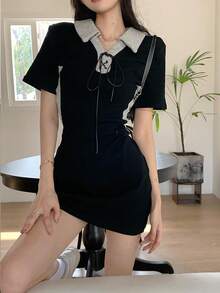 Contrast Collar Lace Up Front Bodycon Dress - Black - View 5