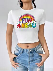 SHEIN EZwear Áo thun nữ Slogan sọc cầu vồng Giải trí - trắng - Xem 5