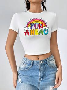 SHEIN EZwear Áo thun nữ Slogan sọc cầu vồng Giải trí - trắng - Xem 6