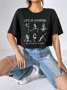 SHEIN EZwear 骷髏和標語圖案落肩袖短款T恤 - 黑色 - 查看 5