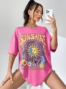 SHEIN EZwear Camiseta de manga corta de talla grande con estampado sencillo de escena veraniega, cuello redondo, ajuste holgadísimo