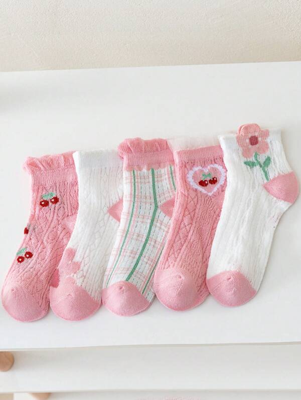 5對女孩櫻桃和花朵印花短襪適用於日常生活
