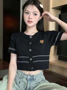 Cárdigan crop de rayas con botón - Negro - Ver 1