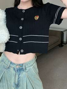 Cárdigan crop de rayas con botón - Negro - Ver 4