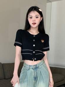 Cárdigan crop de rayas con botón - Negro - Ver 5