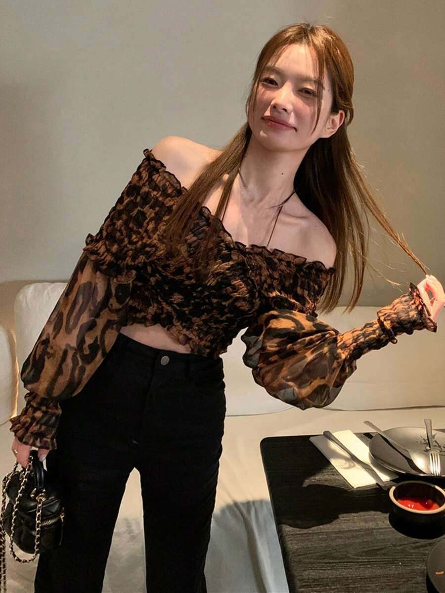 Leopard Print Off Shoulder Crop Blouse - Coffee Brown - View 1
