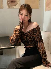 Leopard Print Off Shoulder Crop Blouse - Coffee Brown - View 2
