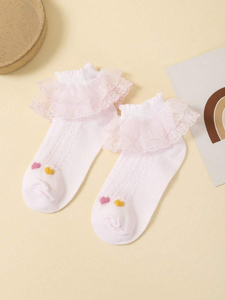 1對女孩愛心圖案荷葉邊襪子適用於日常生活 - 粉色 - 查看 1
