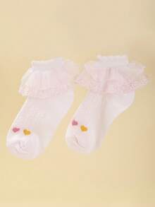 1對女孩愛心圖案荷葉邊襪子適用於日常生活 - 粉色 - 查看 4