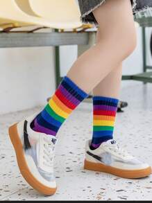 1對兒童彩虹條紋圖案休閒中筒襪適用於日常生活 - 彩色 - 查看 1