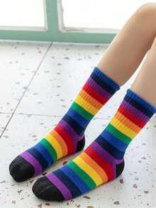 1對兒童彩虹條紋圖案休閒中筒襪適用於日常生活 - 彩色 - 查看 2