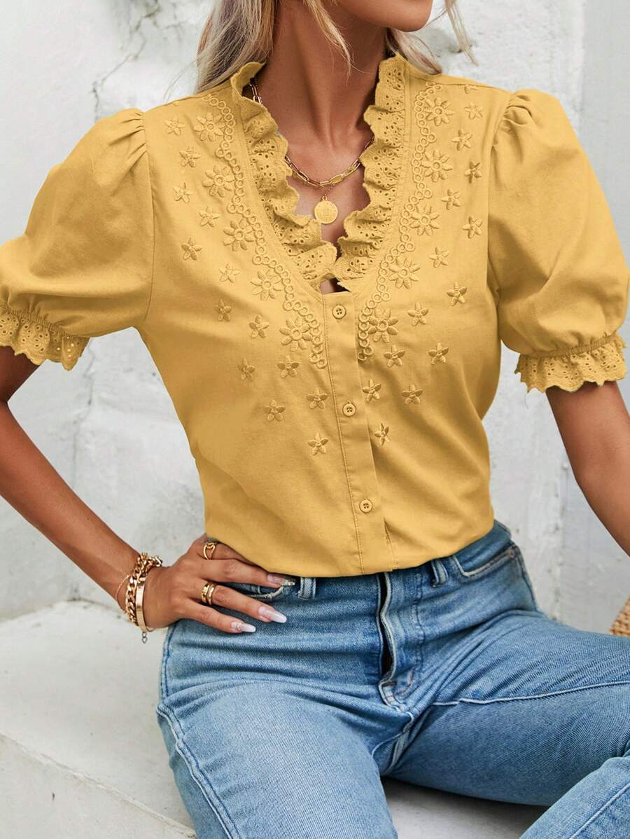 SHEIN Frenchy 網眼刺繡邊泡泡袖襯衫 - 黃色 - 查看 1