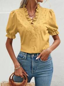 SHEIN Frenchy 網眼刺繡邊泡泡袖襯衫 - 黃色 - 查看 3