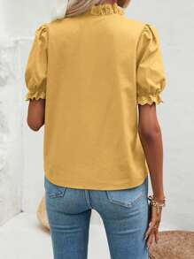 SHEIN Frenchy 網眼刺繡邊泡泡袖襯衫 - 黃色 - 查看 4