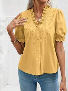 SHEIN Frenchy 網眼刺繡邊泡泡袖襯衫 - 黃色 - 查看 6