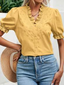 SHEIN Frenchy 網眼刺繡邊泡泡袖襯衫 - 黃色 - 查看 7