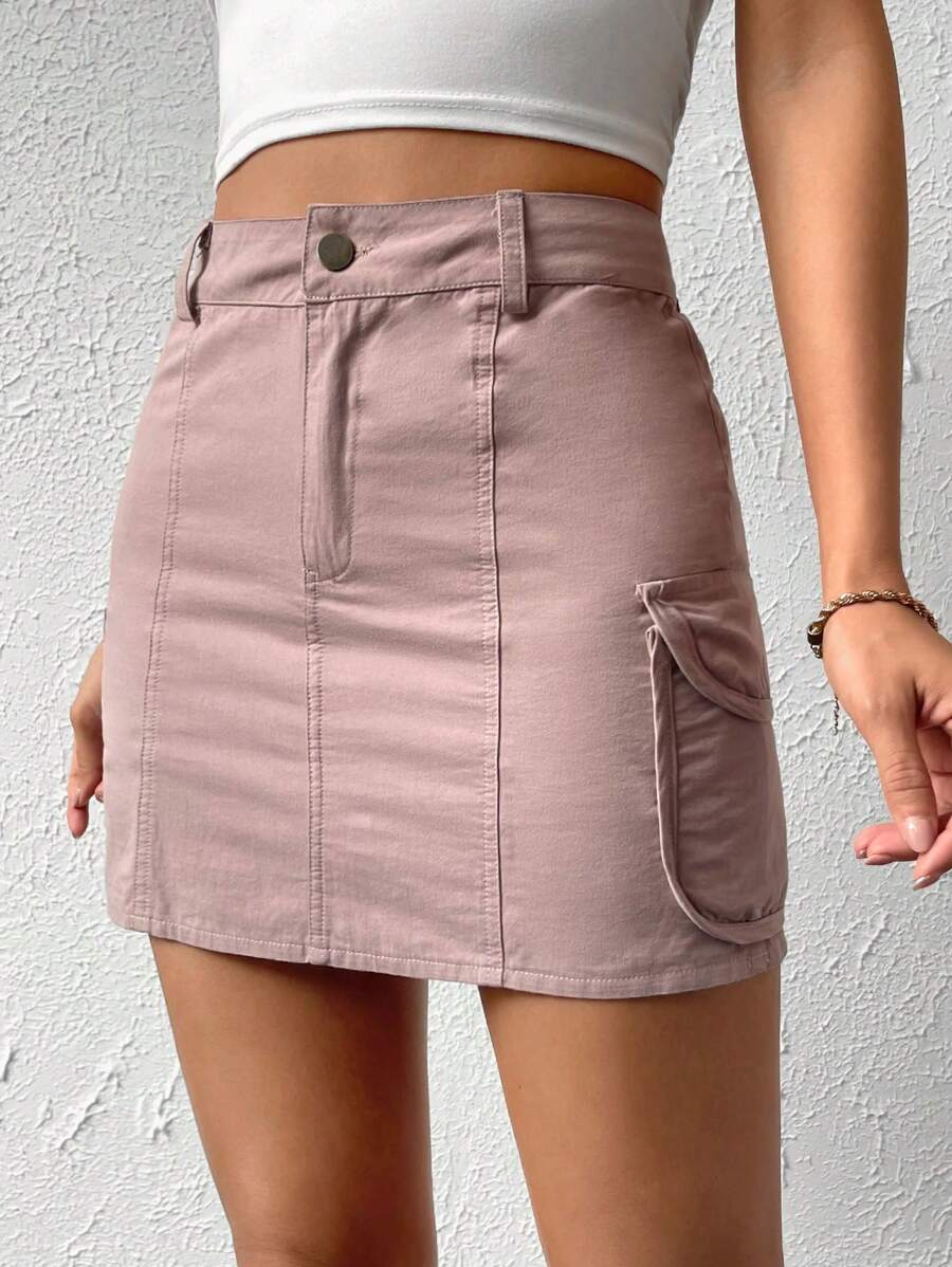 SHEIN EZwear 高腰側翻蓋口袋半身裙