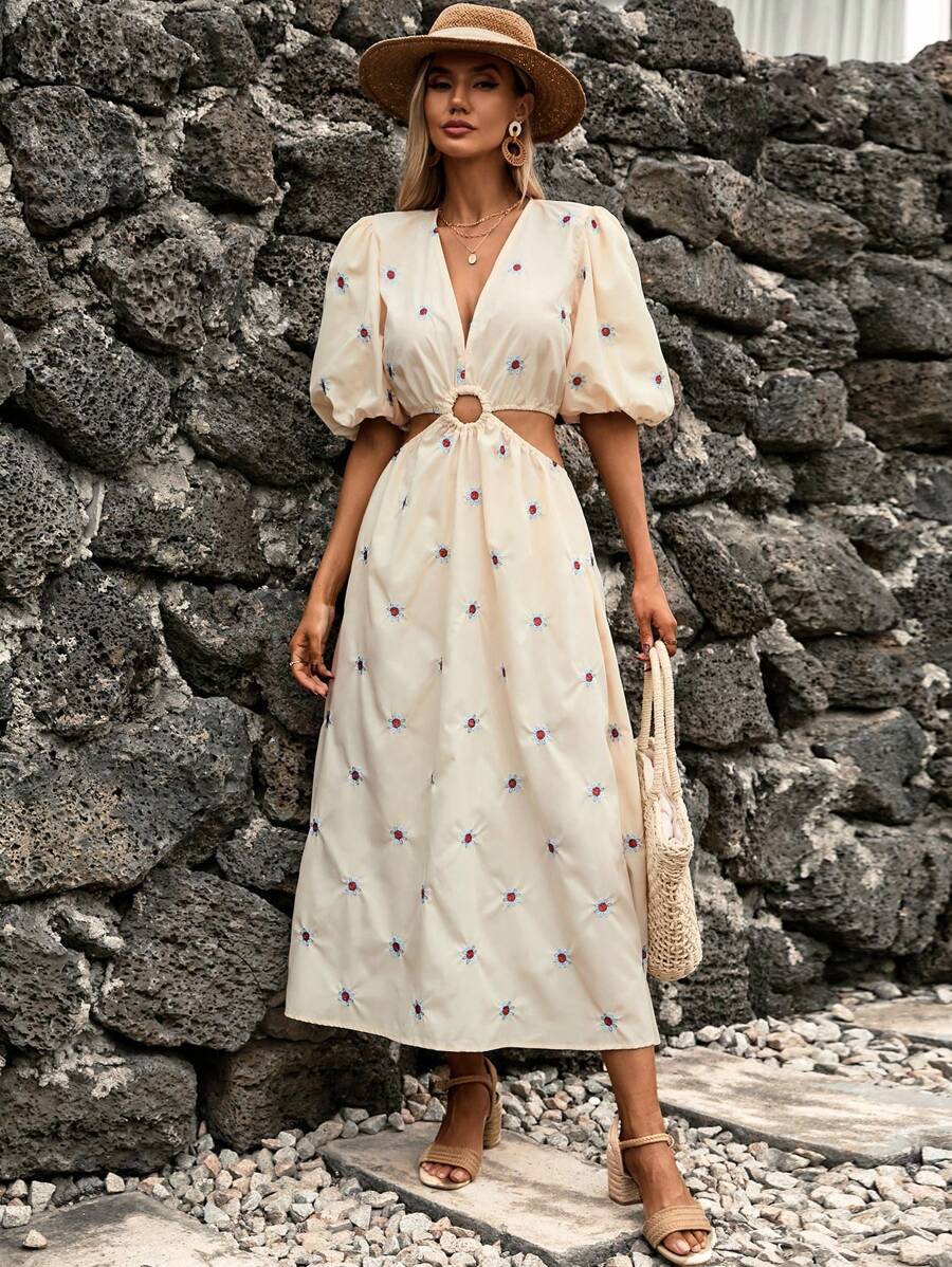 SHEIN VCAY Đầm Cắt ra Thêu Nhẫn Buộc lại Hoa Boho - Màu be - Xem 1