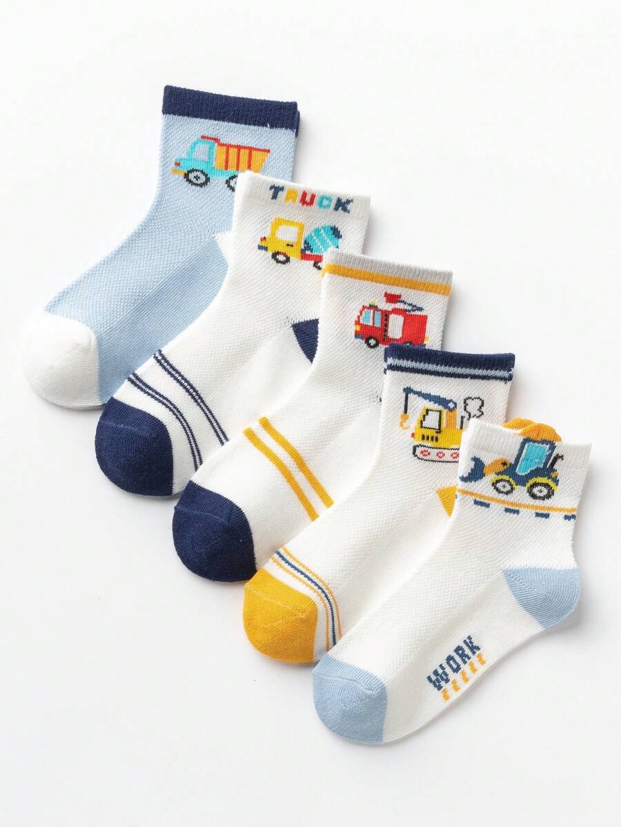 5 Paar atmungsaktive Mesh Socken für Jungen mit Cartoon Technik Fahrzeugen für den Schulanfang - Verschiedenfarbig - Übersicht 1