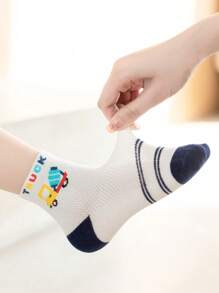 5 Paar atmungsaktive Mesh Socken für Jungen mit Cartoon Technik Fahrzeugen für den Schulanfang - Verschiedenfarbig - Übersicht 3