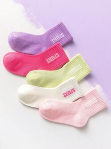 5pairs Girls Letter Graphic Breathable Fashionable Crew Socks For Daily Life - Multicolor - View 1