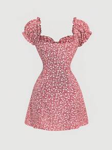 SHEIN MOD 碎花褶邊前紐扣連衣裙 - 紅色 - 查看 2