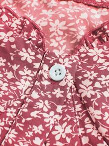 SHEIN MOD 碎花褶邊前紐扣連衣裙 - 紅色 - 查看 3