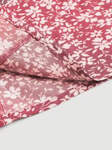 SHEIN MOD 碎花褶邊前紐扣連衣裙 - 紅色 - 查看 4