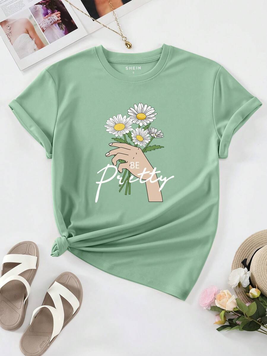 INAWLY Camiseta con estampado floral con letra - verde menta - Ver 1