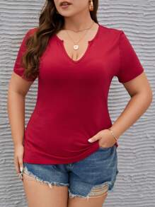 SHEIN LUNE Áo thun Plus size màu trơn Giải trí - Đỏ - Xem 1