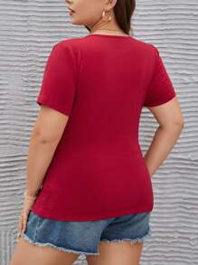 SHEIN LUNE Áo thun Plus size màu trơn Giải trí - Đỏ - Xem 2