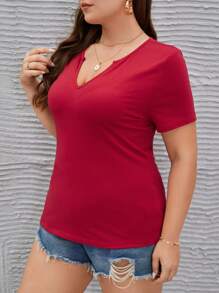 SHEIN LUNE Áo thun Plus size màu trơn Giải trí - Đỏ - Xem 5