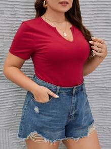 SHEIN LUNE Áo thun Plus size màu trơn Giải trí - Đỏ - Xem 6