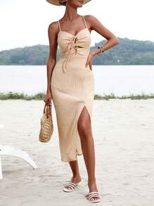 GENKIRA Tie Front Split Thigh Cami Dress - Apricot - View 3