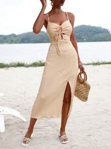 GENKIRA Tie Front Split Thigh Cami Dress - Apricot - View 5