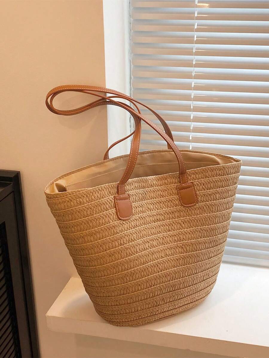 夏天簡約風大托特包女性海濱假期海灘草編包 - 卡其色 - 查看 1