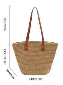 夏天簡約風大托特包女性海濱假期海灘草編包 - 卡其色 - 查看 4