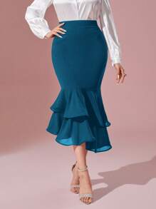 Modelyn High Waist Mermaid Hem Skirt - Teal Blue - View 1