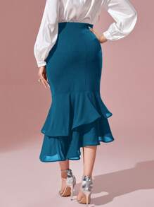 Modelyn High Waist Mermaid Hem Skirt - Teal Blue - View 2