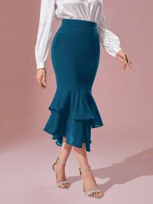 Modelyn High Waist Mermaid Hem Skirt - Teal Blue - View 3