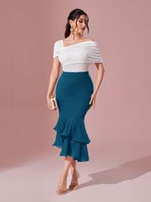 Modelyn High Waist Mermaid Hem Skirt - Teal Blue - View 4
