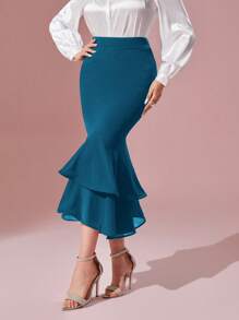 Modelyn High Waist Mermaid Hem Skirt - Teal Blue - View 5