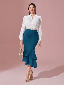 Modelyn High Waist Mermaid Hem Skirt - Teal Blue - View 6
