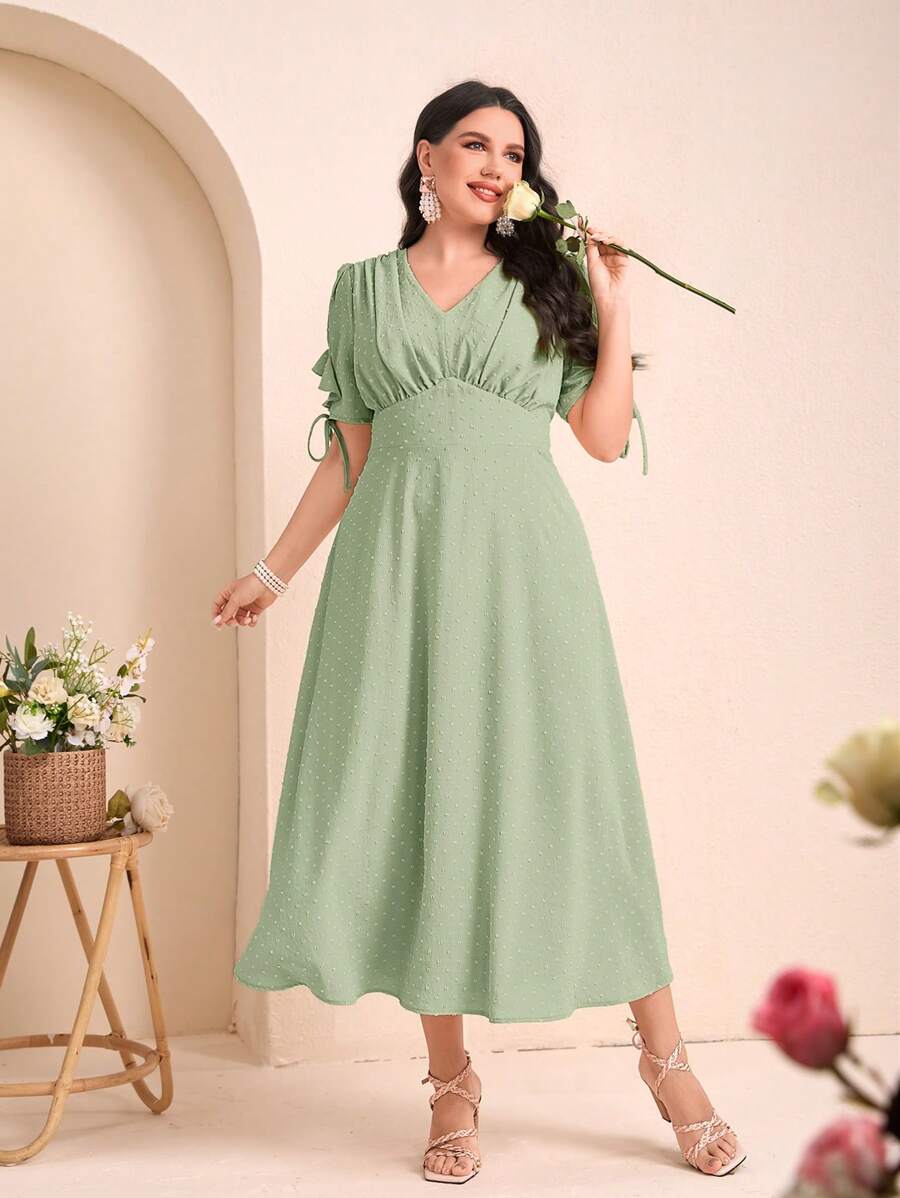 Modelyn Plus Swiss Dot Knot Cuff Solid Dress - Mint Green - View 1