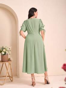 Modelyn Plus Swiss Dot Knot Cuff Solid Dress - Mint Green - View 2