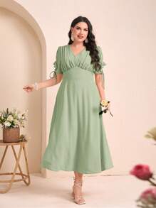 Modelyn Plus Swiss Dot Knot Cuff Solid Dress - Mint Green - View 3