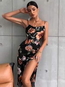GENKIRA Đầm Vắt Dây kéo Tách cao Hoa Tất cả trên in Thanh lịch - màu đen - Xem 4